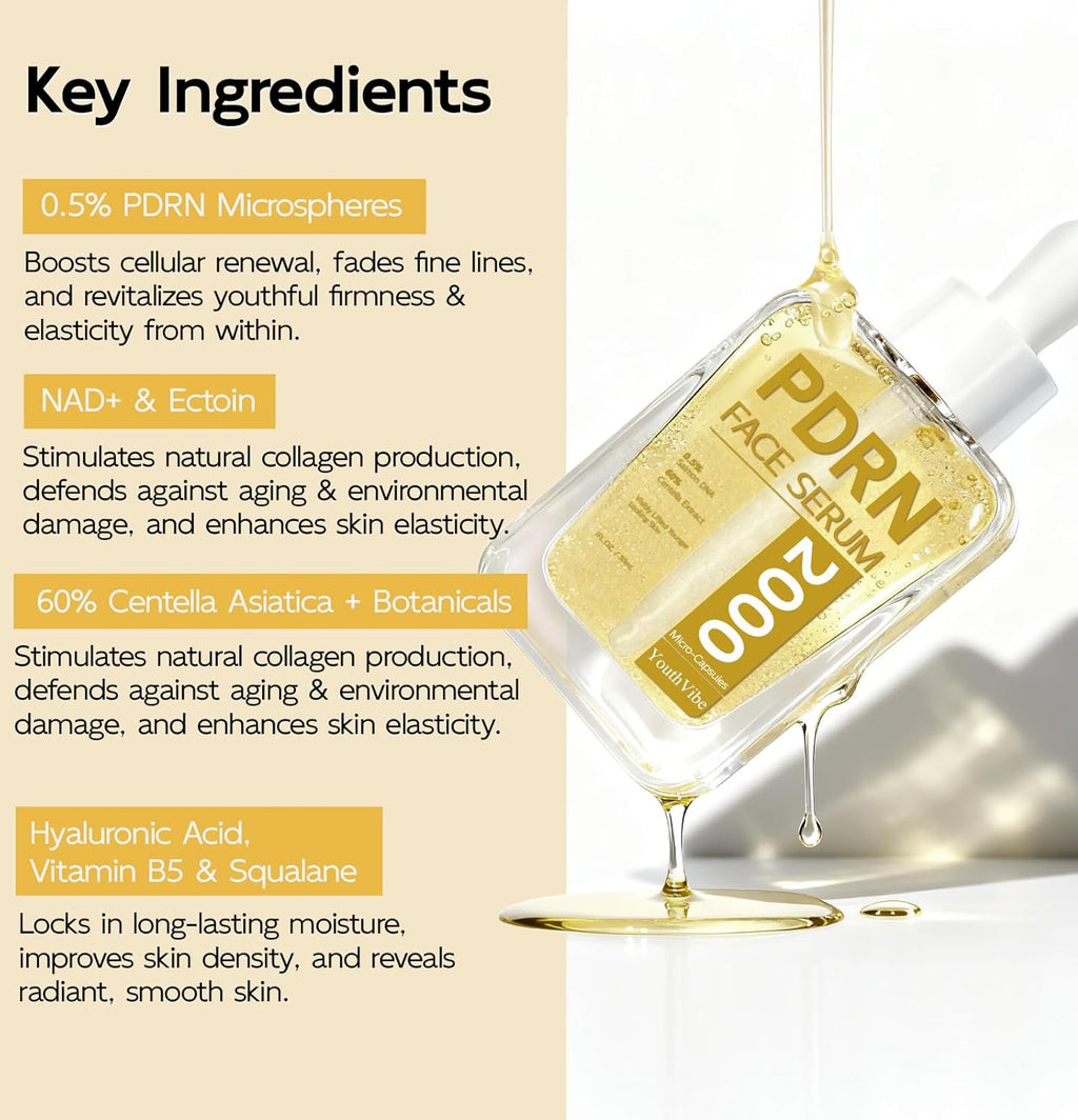 YouthVibe 0.5% PDRN Serum for Face, Anti-Aging Salmon DNA Face Serum with Hyaluronic Acid, Niacinamide & Squalane, Firming & Hydrating for Fine Lines & Wrinkles Skincare - 30ml