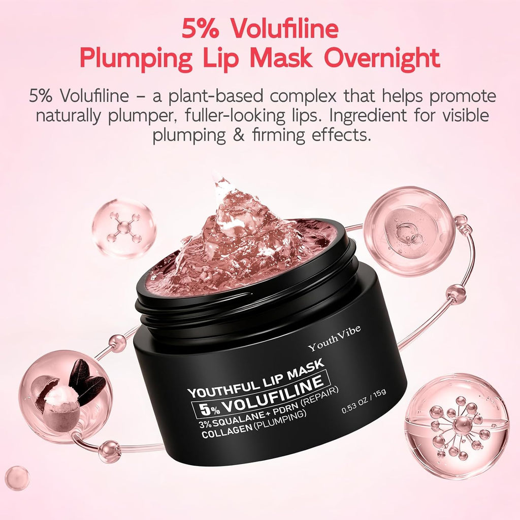 YouthVibe Lip Sleeping Mask Overnight Moisturizing - 5% Volufiline, Squalane, Shea Butter, PDRN & Collagen Hydrating Lip Mask for Dry, Flaky Lips