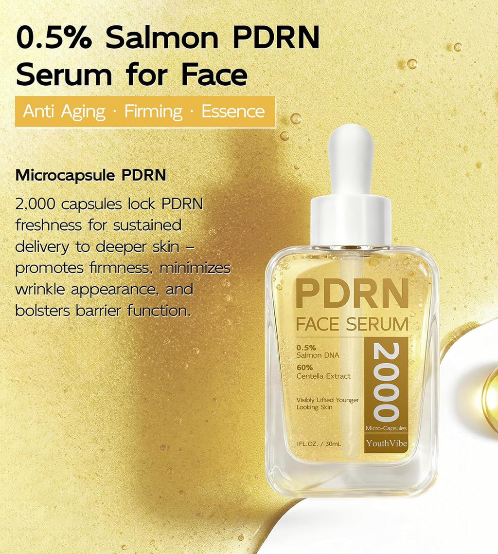 YouthVibe 0.5% PDRN Serum for Face, Anti-Aging Salmon DNA Face Serum with Hyaluronic Acid, Niacinamide & Squalane, Firming & Hydrating for Fine Lines & Wrinkles Skincare - 30ml